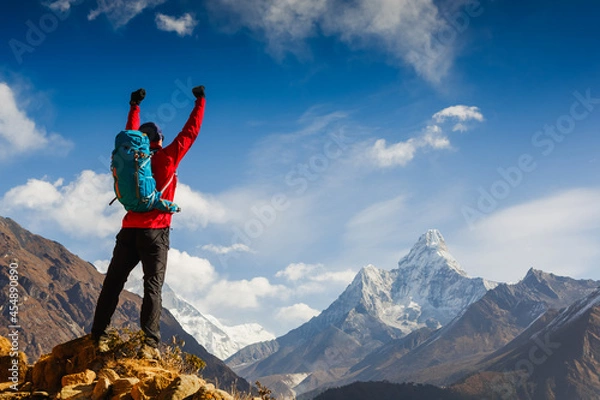 Fototapeta Young male hiker with backpack on top of a mountain during sunny summer day