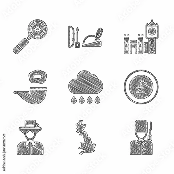 Fototapeta Set Cloud with rain, England map, British soldier, Coin money pound, Queen Elizabeth, Smoking pipe, Big Ben tower and Magnifying glass icon. Vector