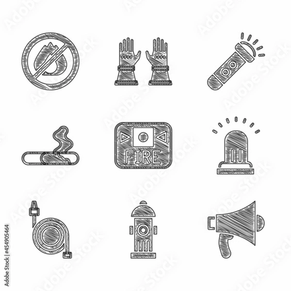 Fototapeta Set Fire alarm system, hydrant, Megaphone, Ringing bell, hose reel, Cigarette, Flashlight and No fire icon. Vector