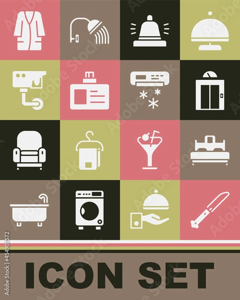 Fototapeta Set Knife, Bedroom, Lift, Hotel service bell, Identification badge, Security camera, Bathrobe and Air conditioner icon. Vector