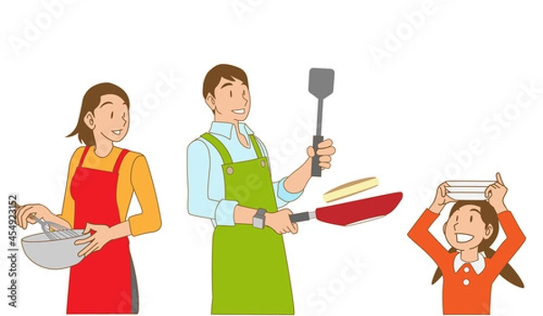 Fototapeta なかよくホットケーキを焼く家族