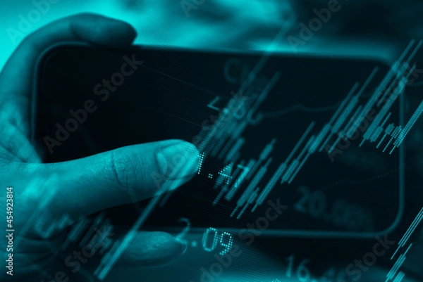Fototapeta Candlestick chart in financial stock market on digital number background. Forex trading graphic design and Stock market trading trend as concept.	
