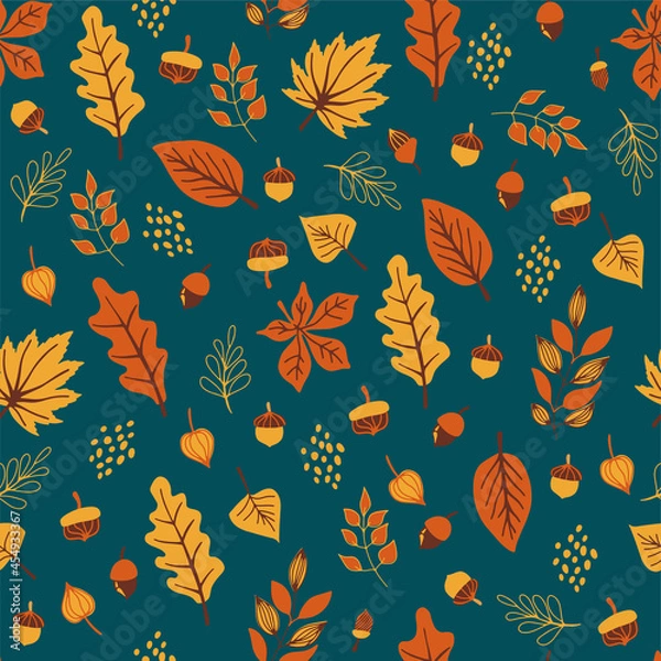 Obraz Vector autumn seamless pattern with  leaves, acorns, acorns on a green background. Seasonal ornament. Endless texture can be used for web design, printing onto fabric and paper or scrapbooking.