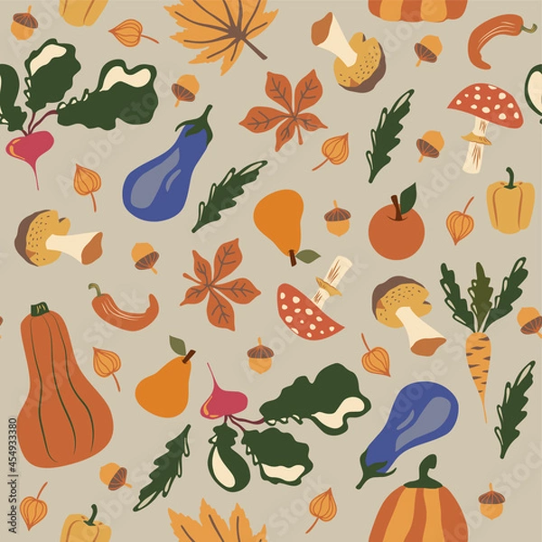 Obraz Vector colorful autumn natural seamless pattern with vegetables, fall leaves, and mushrooms. Fall endless background. Great for textiles, banners, scrapbooking,  wrapping paper, notebook covers.