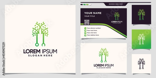 Fototapeta Creative wrench and tree logo with unique linear style and business card design Premium Vector