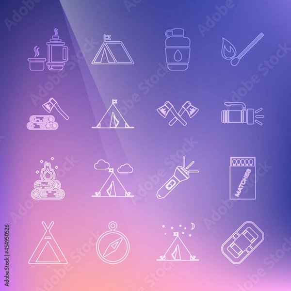 Fototapeta Set line Rafting boat, Open matchbox and matches, Flashlight, Canteen water bottle, Tourist tent with flag, Wooden axe wood, Thermos container and Crossed wooden icon. Vector