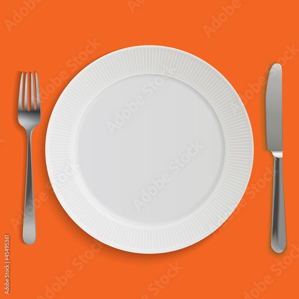 Obraz Empty realistic dinner plate, knife and fork