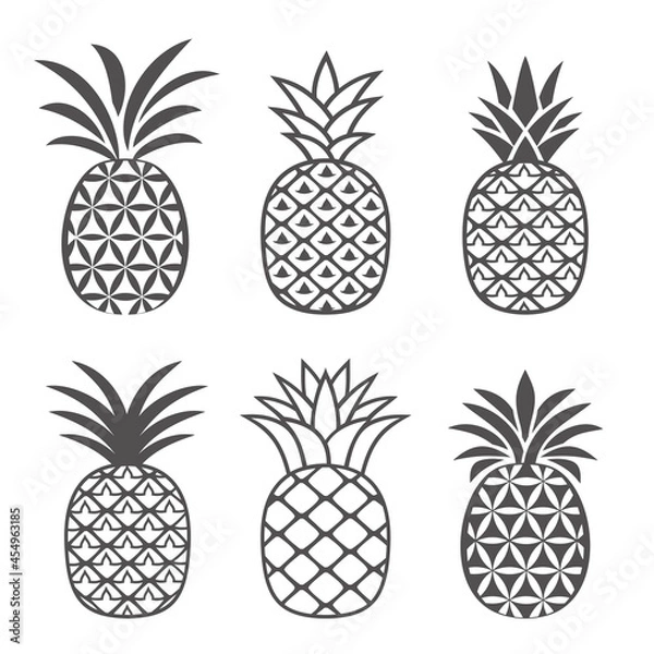Obraz Abstract pineapple icons set in outline style. Creative, flat logo design, symbol, emblem or icon of tropical fruit in a modern abstract style. Vector illustration.