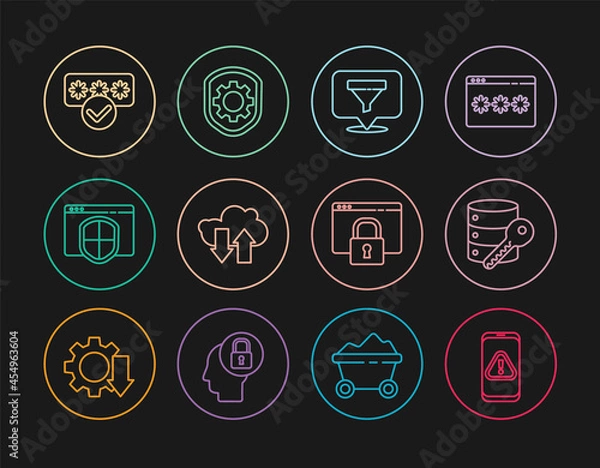 Fototapeta Set line Mobile with exclamation mark, Location sales funnel, Cloud download and upload, Browser shield, Password protection, Secure your site HTTPS, SSL and Shield settings gear icon. Vector