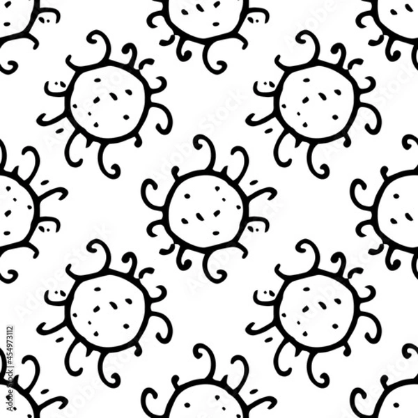 Fototapeta Vector seamless pattern made of a round shape. A pattern of bacteria with short tentacles with curls, hand-drawn with a black line in the style of a doodle on a white background for a medical design t