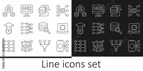 Fototapeta Set line Neural network, Processor CPU, Server, Data, Graduation cap, and Algorithm icon. Vector