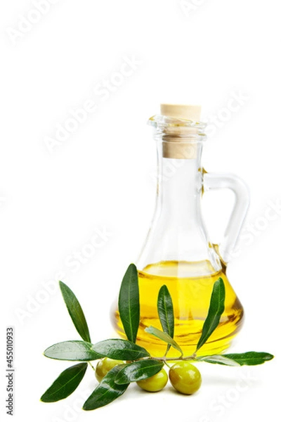 Obraz Olive oil and branch with olives on white