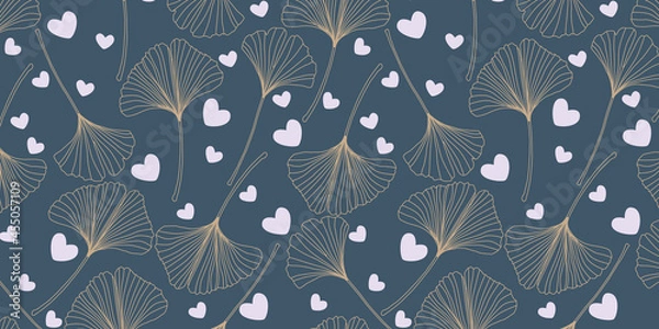 Obraz Golden ginkgo biloba leaf with heart vector seamless pattern background. Trendy for fabric, textile print, wallpaper, invitation or packaging.

