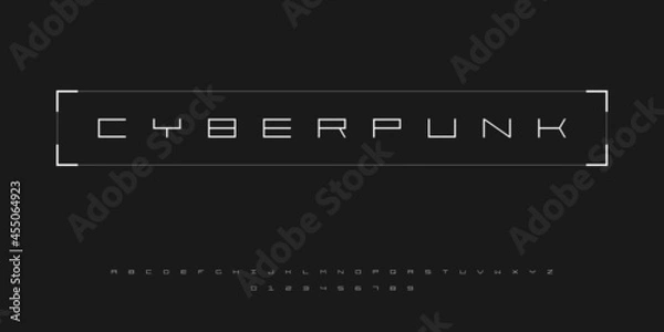 Fototapeta Futuristic cyberpunk style font. English alphabet and numbers in cyberpunk tech style. Good for design banners, electronic music events, game titles. HUD font.