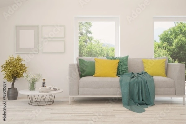Fototapeta White living room with sofa and summer landscape in window. Scandinavian interior design. 3D illustration