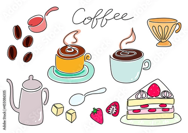 Obraz 一筆書き　コーヒーと珈琲豆とカフェグッズ（カラー）