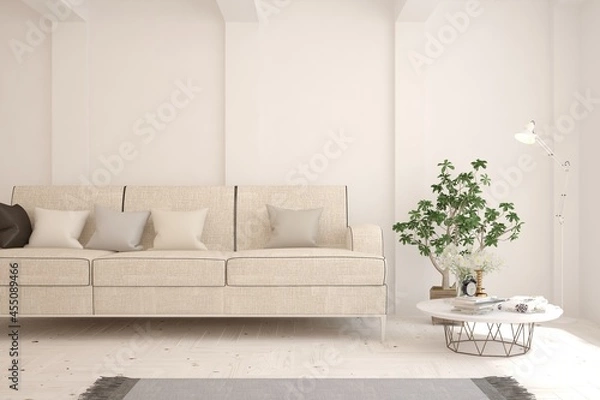 Fototapeta White living room with sofa. Scandinavian interior design. 3D illustration