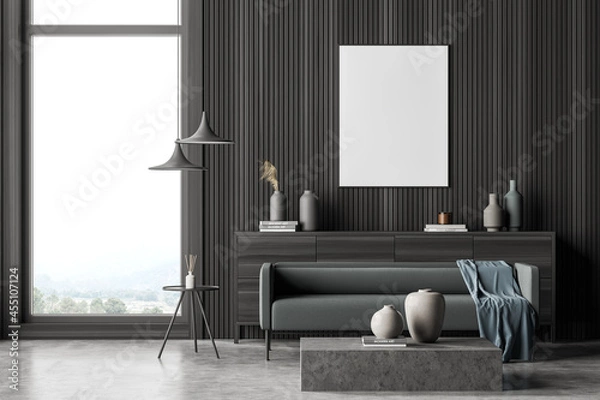 Obraz Dark grey panoramic living room with a green sofa and a poster