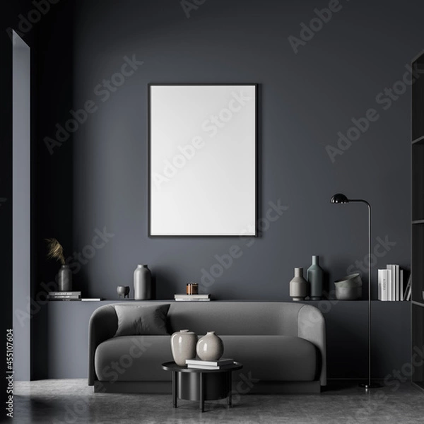 Fototapeta Canvas in dark blue and grey living room with a small sofa