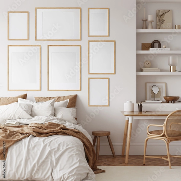 Fototapeta Friendly interior style. Bedroom room. Frame mockup. Poster mockup. 3d rendering, 3d illustration