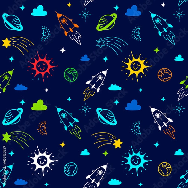 Fototapeta Vector Abstract Neon Color Kid Space Illustration on Dark Background, Fun Seamless Pattern with Space Ship, Star, Earth, Sun, Planet, Moon, Cloud, Line Art Style
