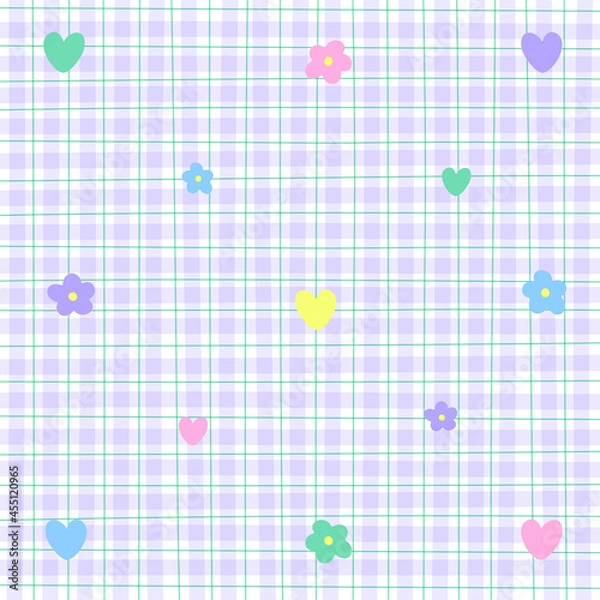 Fototapeta Cute Element Heart Flower Rainbow Pastel Gingham Pattern Editable Stroke. Cartoon Illustration Cloth, Mat, Fabric pattern, Textile, Scarf, Wrapping Paper.