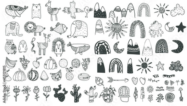 Fototapeta Scandinavian childrens elements. Scandi style doodle plants, animals,fruits, mountains, rainbow vector set.