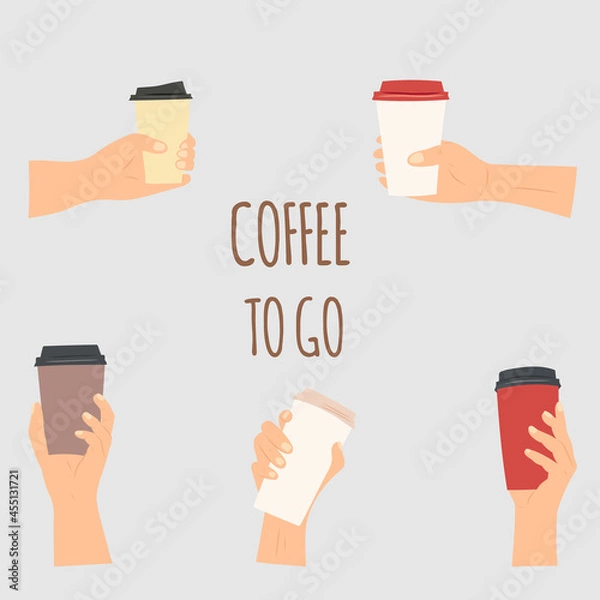 Fototapeta Hand drawn sketch vector illustration set of female and male hands in side view hold paper to go coffee or tea cups. Isolated on white background.