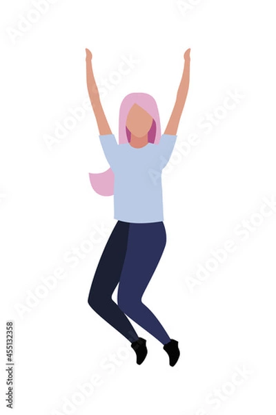 Fototapeta Young woman jumps for joy semi flat color vector character. Jumping figure. Full body person on white. Enjoying life isolated modern cartoon style illustration for graphic design and animation