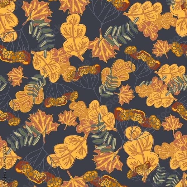 Fototapeta Seamless vector pattern of decorative autumn botanical berries and leaves in pastel orange tones