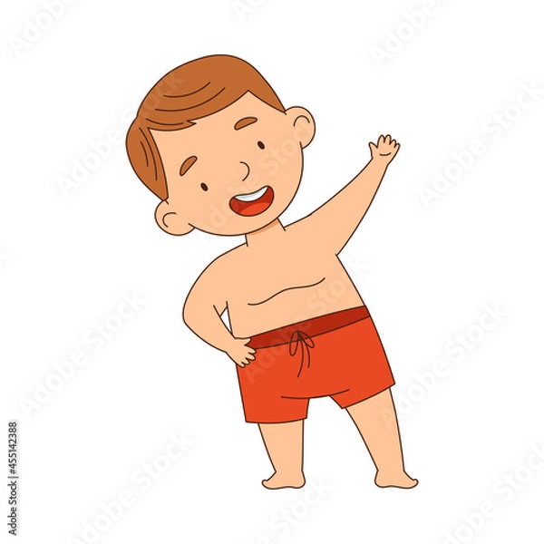 Obraz Little Boy Standing in Swimming Trunks Bending Right Vector Illustration