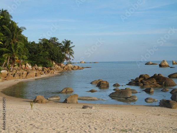 Fototapeta plage et cocotiers, roches dans le lagon