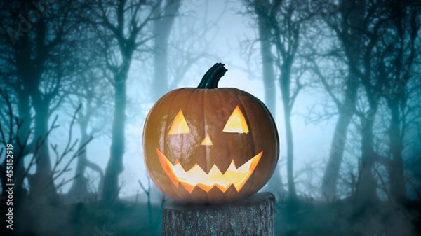 Fototapeta  Halloween pumpkin on a tree in a foggy and scary forest 