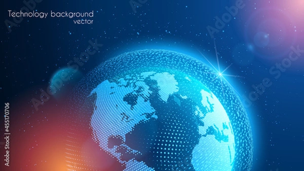 Fototapeta Vector blue abstract futuristic background. Luminous planet Earth is moving in outer space. Planet map. Contours of continents from shimmering chaotic particles. Science and modern technologies.