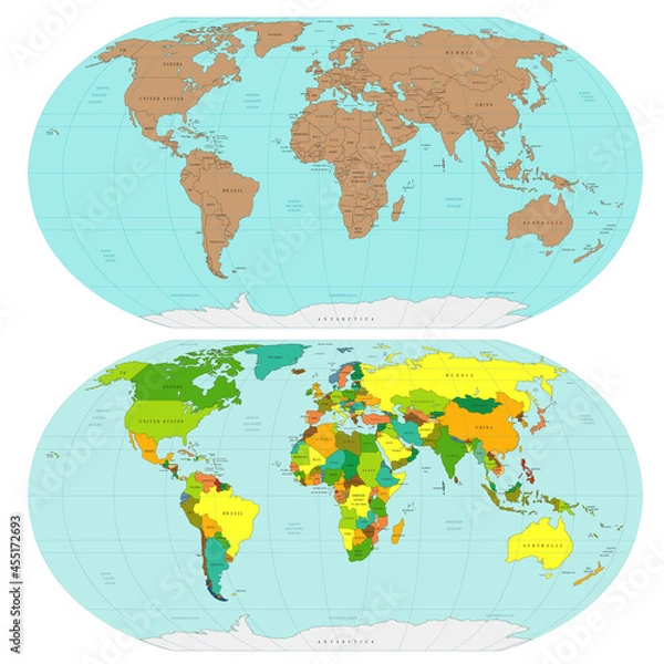 Fototapeta World map with different colors. World atlas. All contries are selecteble. Vector illustration