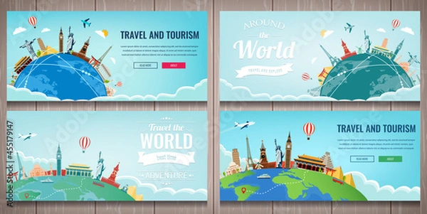 Fototapeta Travel and Tourism template with famous landmarks and travel stuff. Vector