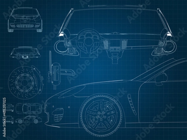 Fototapeta drawing of a car and its parts on a blue millimeter substrate