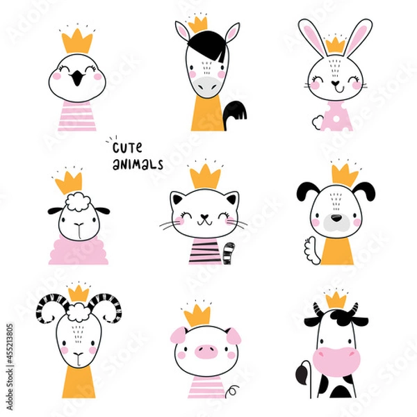 Obraz Cute Animal Head Wearing Gold Crown Drawn Outline Vector Set