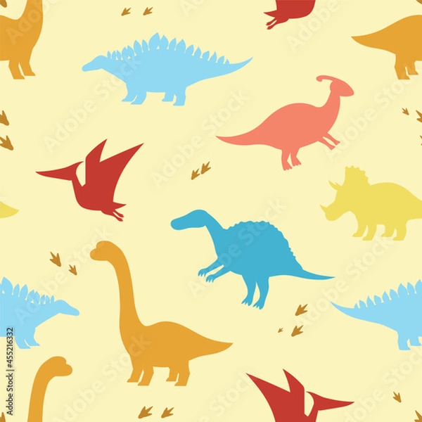 Fototapeta Seamless child dino pattern. Silhouettes of dinosaurs on a yellow background. Backdrop for wallpaper, textile, fabric, wrapping.