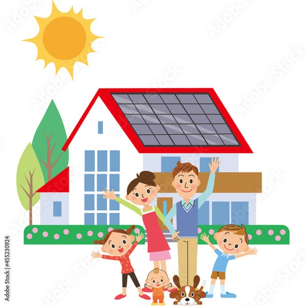 Fototapeta ソーラーパネル　家　家族