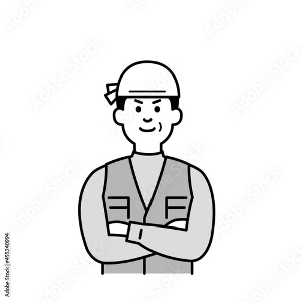 Fototapeta 大工さんのイラスト上半身　モノクロ黒一色