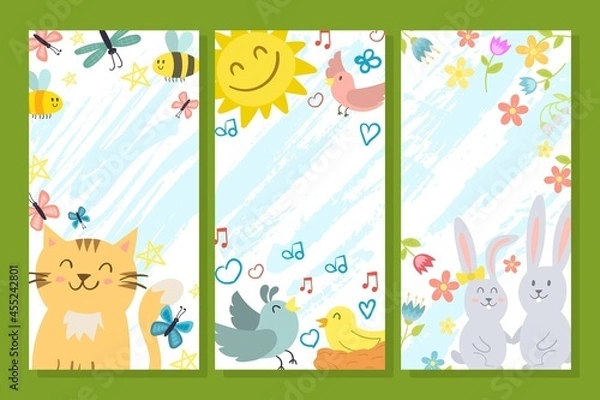 Obraz Spring cute card set, vector illustration. Poster flyer collection with animal, happy banner for children. Smile cat, sun, birds, rabbit