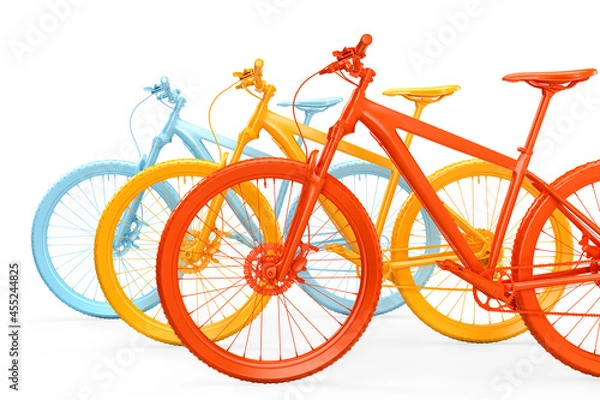 Fototapeta Group of colorful bicycles. 3D rendering