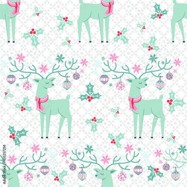 Obraz Vector seamless pattern with an ornament of deer with large antlers, decorated with Christmas decorations. Pattern with stylized botanical and animalistic design. Snowflakes and Christmas decorations.