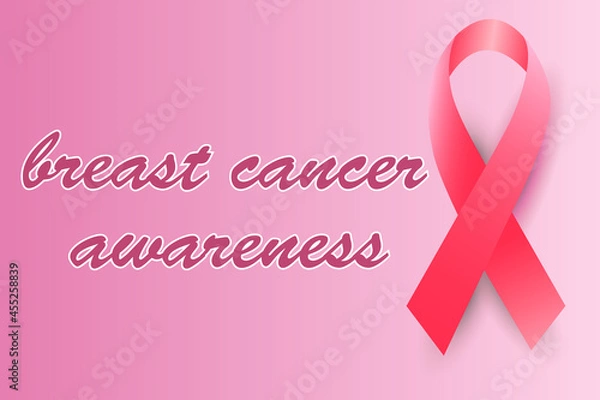 Fototapeta Breast Cancer Awareness Month is an illustration of the concept of a health campaign. Pink background with awareness ribbon and text. Vector illustration