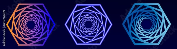 Fototapeta Swirling symbol. Optical illusion. Tunnel abstract. Twisted colored circle 3d. Design with neon, stroke, lines and flow. Vector illustration.
