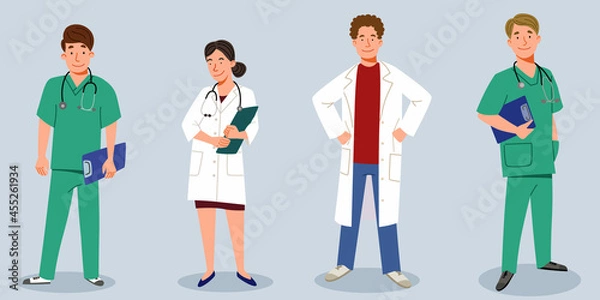 Fototapeta A set of doctors. The medical staff is a doctor and a nurse, a group of doctors. Vector illustration in a flat style.