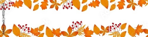 Fototapeta Autumn horizontal pattern with leaves. Fall wrapping. Horizontal background with autumn leaves and rowan.