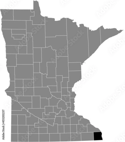 Fototapeta Black highlighted location map of the Houston County inside gray map of the Federal State of Minnesota, USA