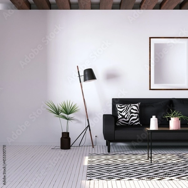 Fototapeta Modern Interior with Geometric Decorations with Empty Art Print Frame Mockup On Walls